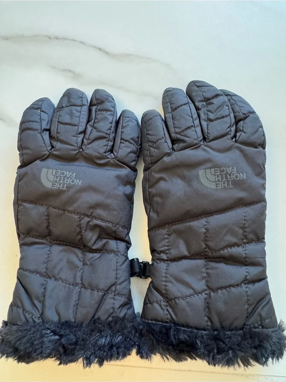 The North Face Black Quilted Winter Gloves with Faux Fur Trim